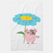Kute Cartoon pig met Gift (blauw) keukenhanddoek (Verticaal)