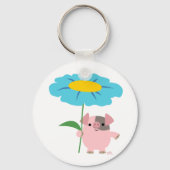 Kute Cartoon pig met Gift (blauw) Sleutelhanger (Voorkant)