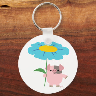 Kute Cartoon pig met Gift (blauw) Sleutelhanger