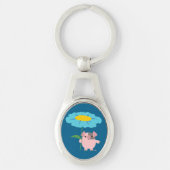 Kute Cartoon pig met Gift (Blue) Metal Sleutelhang Sleutelhanger (Voorkant)