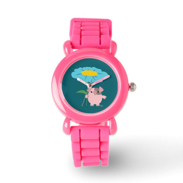 Kute Cartoon pig met Gift (Blue) Watch Horloge (Voorkant)