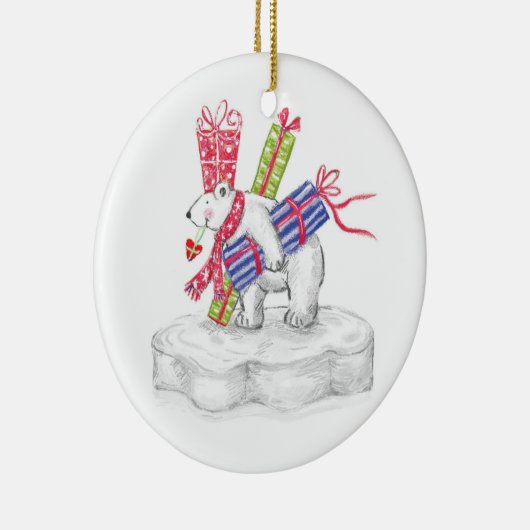 Kute Cartoon Polar Beer met kerstcadeautjes Keramisch Ornament (Rechts)