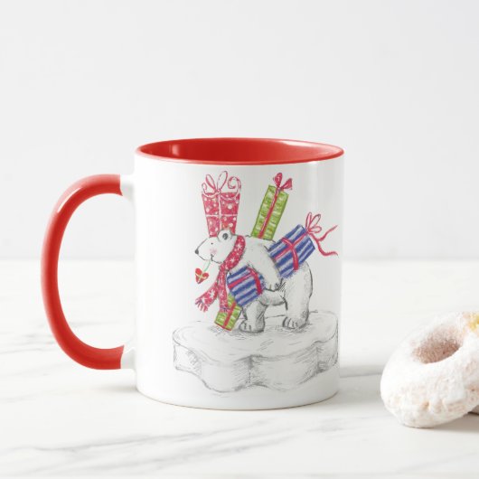 Kute Cartoon Polar Beer met kerstcadeautjes Mok (Met donut)