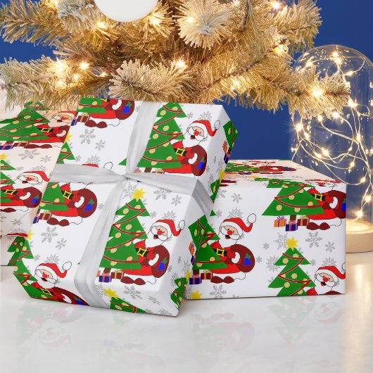 Kute Cartoon Santa- en kerstboom-Kinderen Cadeaupapier (Feestdagen)