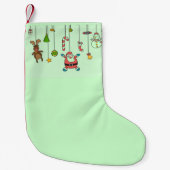 Kute cartoon santa en vrienden op groene munt kleine kerstsok (Voorkant)