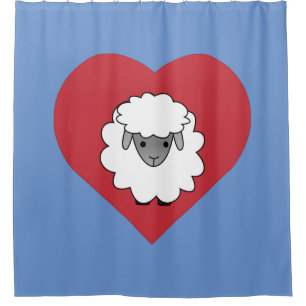 Kute Cartoon Sheep met hart op achtergrond Douchegordijn