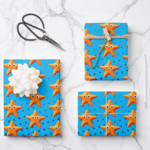 Kute Cartoon Starfish Blue Ocean Inpakpapier Vel
