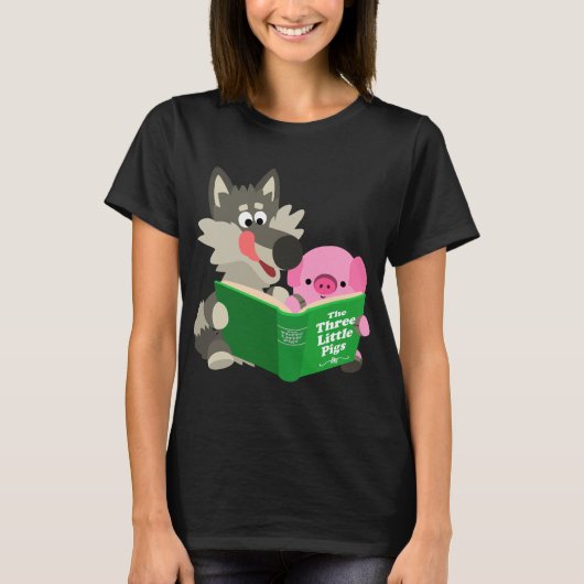 Kute Cartoon Varken en Wolf Leesende Vrouwen T-Shi T-shirt (Voorkant)