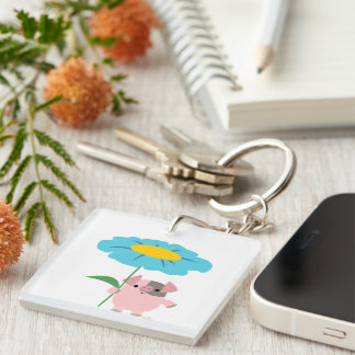 Kute Cartoon varken met Gift (blauw) acrylSleutelh Sleutelhanger
