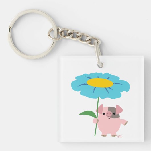 Kute Cartoon varken met Gift (blauw) acrylSleutelh Sleutelhanger (Voorkant)