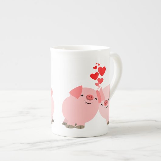 Kute Cartoon Varkens in Love Bone China Mok (Voorkant rechts)