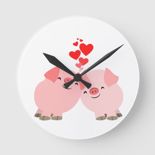 Kute Cartoon Varkens in Love Wall Clock Ronde Klok (Voorkant)