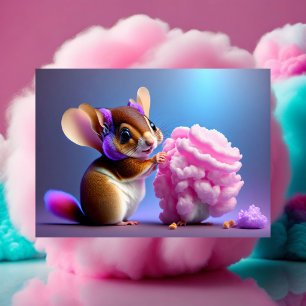 Kute, cartoon vliegende eekhoorn die snoep van kat briefkaart