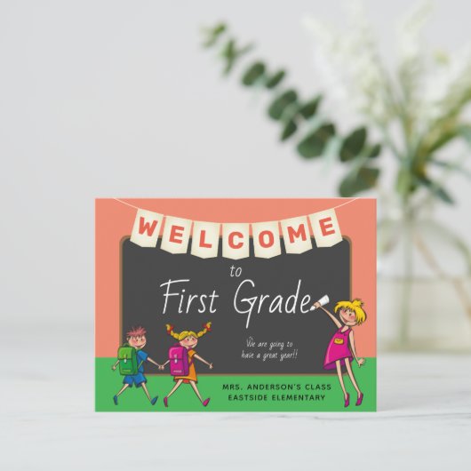 Kute Cartoon Welkom bij Briefkaart van eerste graa (Staand voorkant)