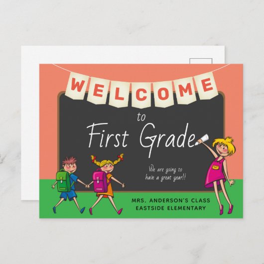 Kute Cartoon Welkom bij Briefkaart van eerste graa (Voorkant / Achterkant)