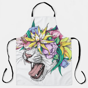 Kute cartoon wilde kattenkop in een florale poot. schort