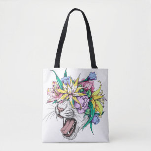 Kute cartoon wilde kattenkop in een florale poot. tote bag