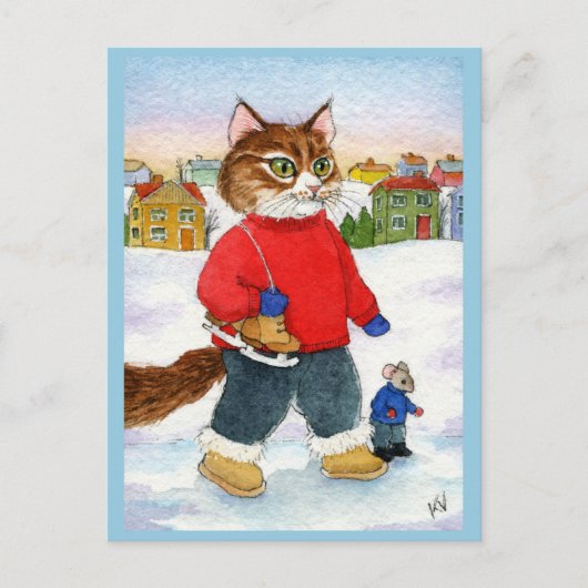 Kute cat natuur briefkaart skater winter (Voorkant)