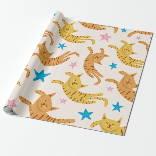 Kute cats naadloos patroon met sterren grappig tre cadeaupapier (Uitgerold)