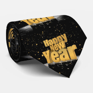 Kute charme Gold Happy Nieuwjaarsdesign op zwart Stropdas