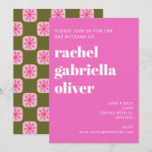 Kute Checkerboard Flower Green Pink Bat Mitzvah Kaart (Voorkant / Achterkant)