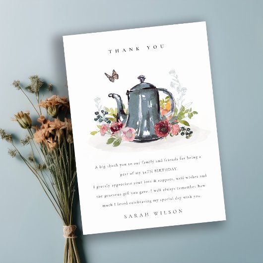 Kute Cheerful Rozen Floral Teapot Elke leeftijd va Bedankkaart