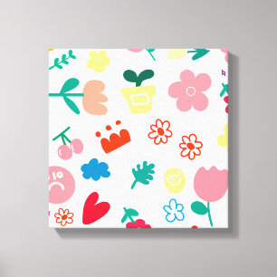 Kute Childish Flowers and Fruits Doodle Canvas Afdruk