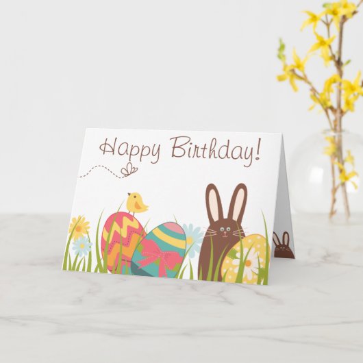 Kute Chocolate Bunny and Easter Eggs Birthday Kaart (Gele Bloem)