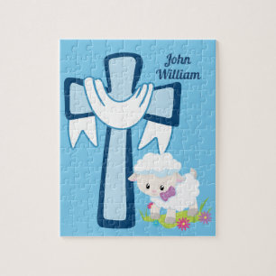 Kute Christelijk Little Boy Blue Lamb Cross Baptis Legpuzzel
