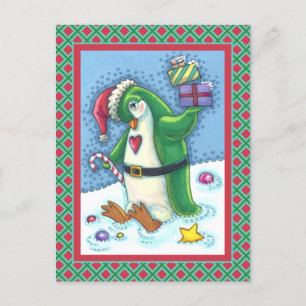 KUTE CHRISTMAS PENGUIN DRESSED IN GROEN, VANDAAG BRIEFKAART
