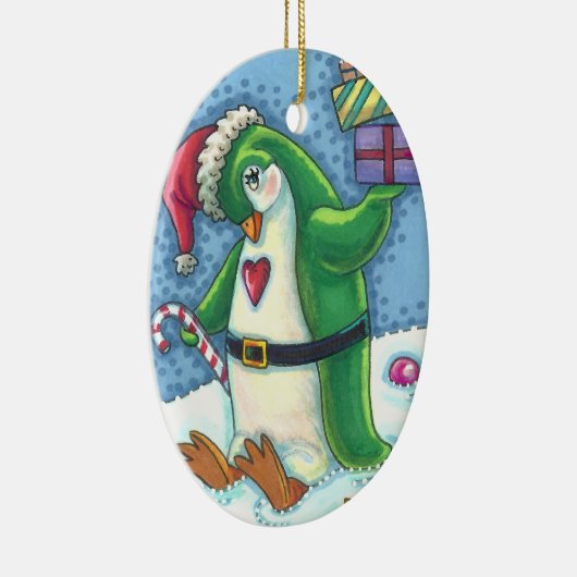KUTE CHRISTMAS PENGUIN DRESSED IN GROEN, VANDAAG KERAMISCH ORNAMENT (Rechts)