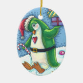KUTE CHRISTMAS PENGUIN DRESSED IN GROEN, VANDAAG KERAMISCH ORNAMENT (Voorkant)