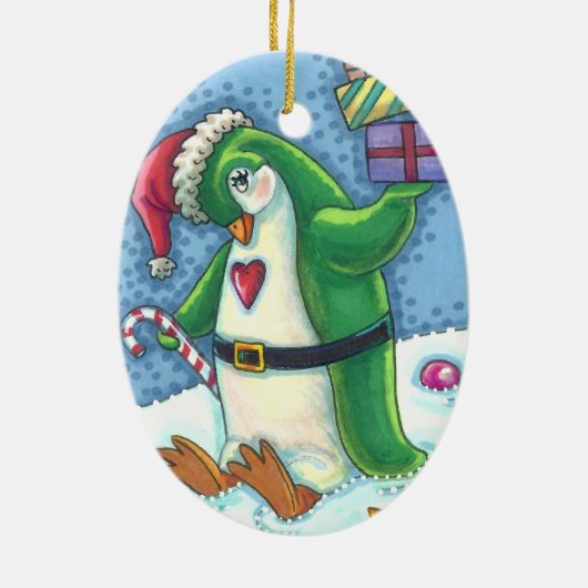 KUTE CHRISTMAS PENGUIN DRESSED IN GROEN, VANDAAG KERAMISCH ORNAMENT (Achterkant)