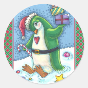 KUTE CHRISTMAS PENGUIN DRESSED IN GROEN, VANDAAG RONDE STICKER