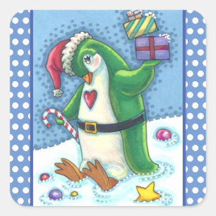 KUTE CHRISTMAS PENGUIN DRESSED IN GROEN, VANDAAG VIERKANTE STICKER