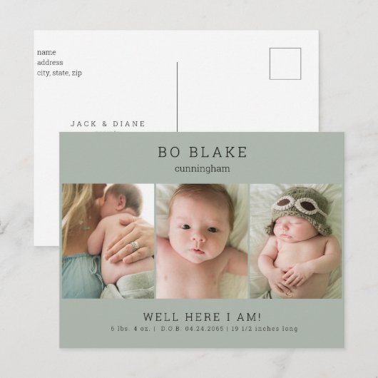 Kute Collage Foto Sage Baby Birth Announance Aankondigingskaart (Voorkant / Achterkant)