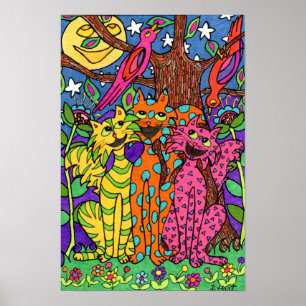 Kute Colorful Cats Singing Moon Cartoon Drawing Poster