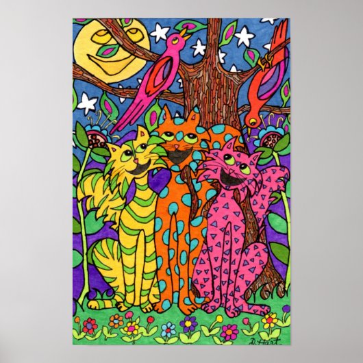 Kute Colorful Cats Singing Moon Cartoon Drawing Poster (Voorkant)