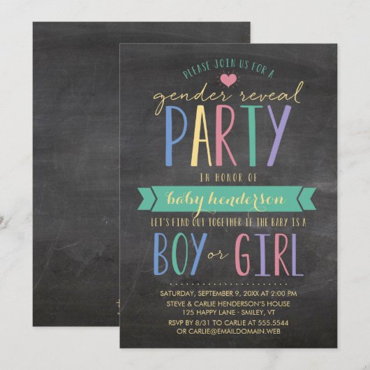 Kute Colorful Chalkboard Geslacht Partij Kaart (Voorkant / Achterkant)