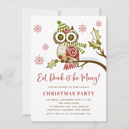 Kute Colorful Festive Green Owl kerstparty Kaart (Voorkant)