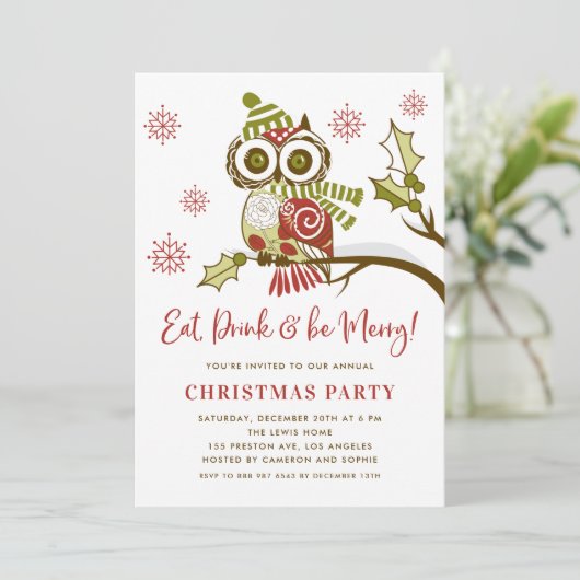 Kute Colorful Festive Green Owl kerstparty Kaart (Staand voorkant)