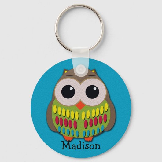 Kute Colorful Owl op Blue Personalized Sleutelhang Sleutelhanger (Voorkant)