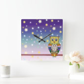 Kute Colorful Owl op ster verlichte nacht Vierkante Klok (Huis)