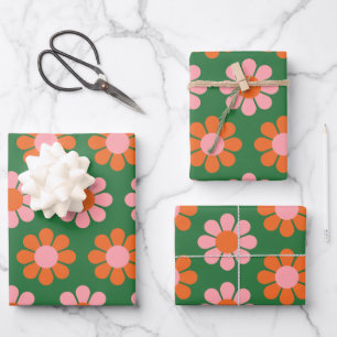 Kute Colorful Retro Flower Pattern Green and Roze Inpakpapier Vel