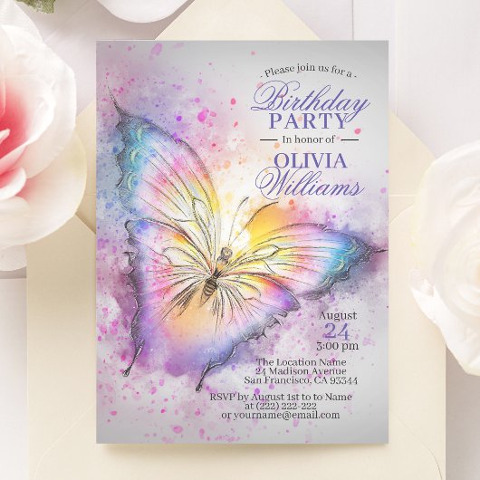 Kute Colorful Waterverf Butterfly Birthday Party Kaart