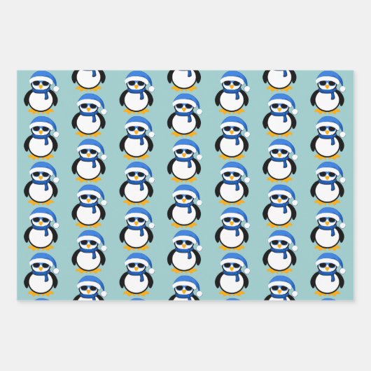 Kute coole pinguïn met kerstwinterpatroon blauw inpakpapier vel (Voorkant 3)