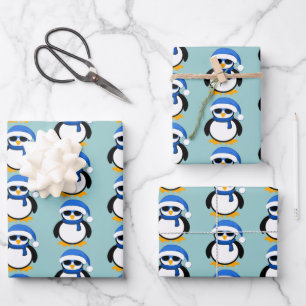Kute coole pinguïn met kerstwinterpatroon blauw inpakpapier vel