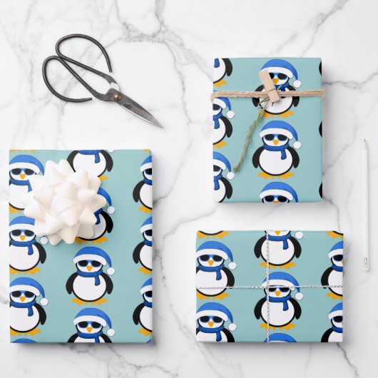 Kute coole pinguïn met kerstwinterpatroon blauw inpakpapier vel (Voorkant)