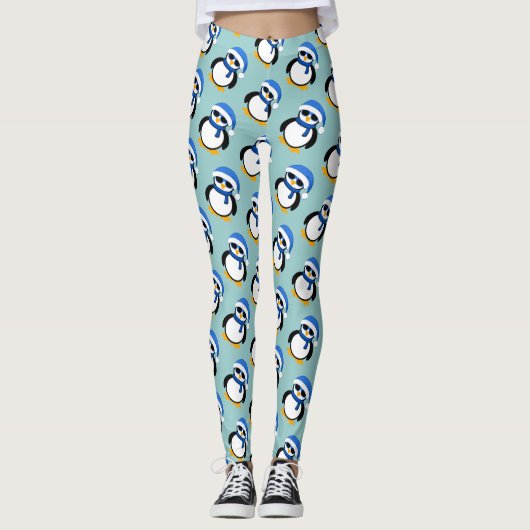 Kute coole pinguïn met kerstwinterpatroon blauw leggings (Voorkant)