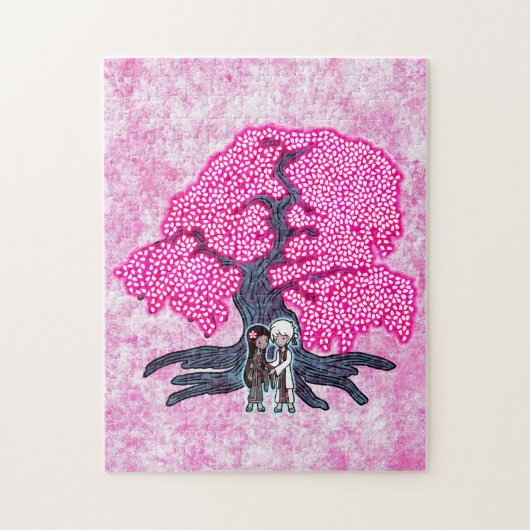 Kute Couple onder de Cherry Blossom Tree Legpuzzel (Verticaal)